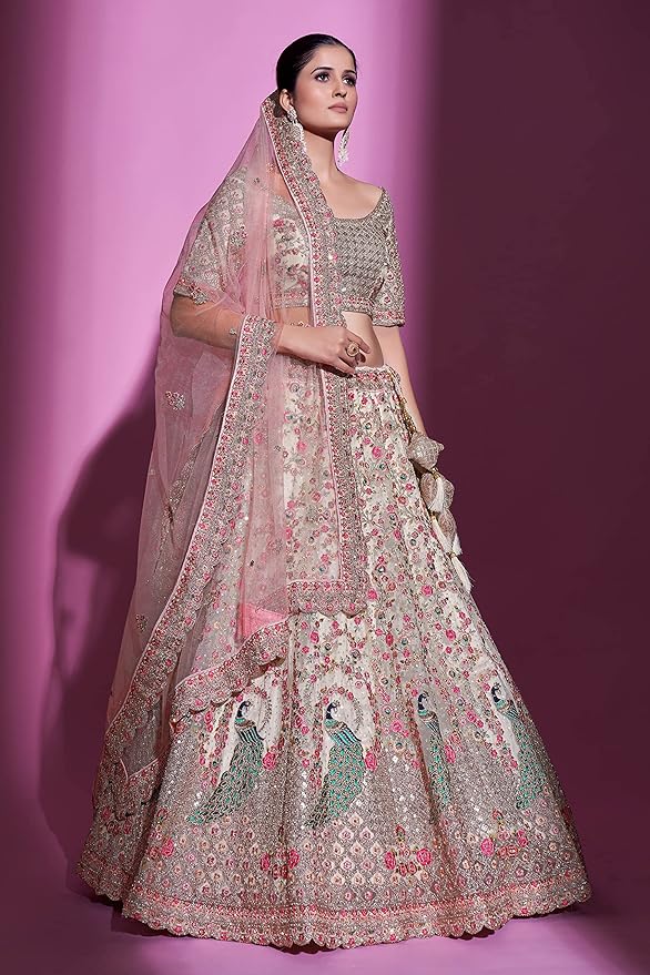 FUSIONIC heavy work cream soft net wedding lehenga choli